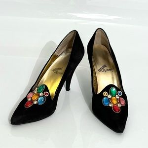 Rush Hour Express Black Suede Leather Pumps with Jeweled Appliqué Size 6B